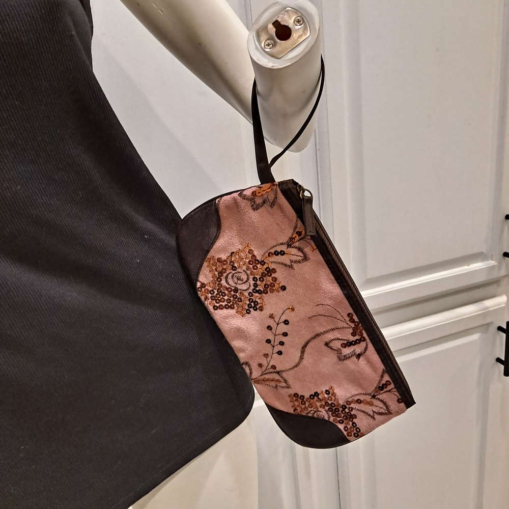 Pink Suede Sequin Floral Brown Women's Wristlet